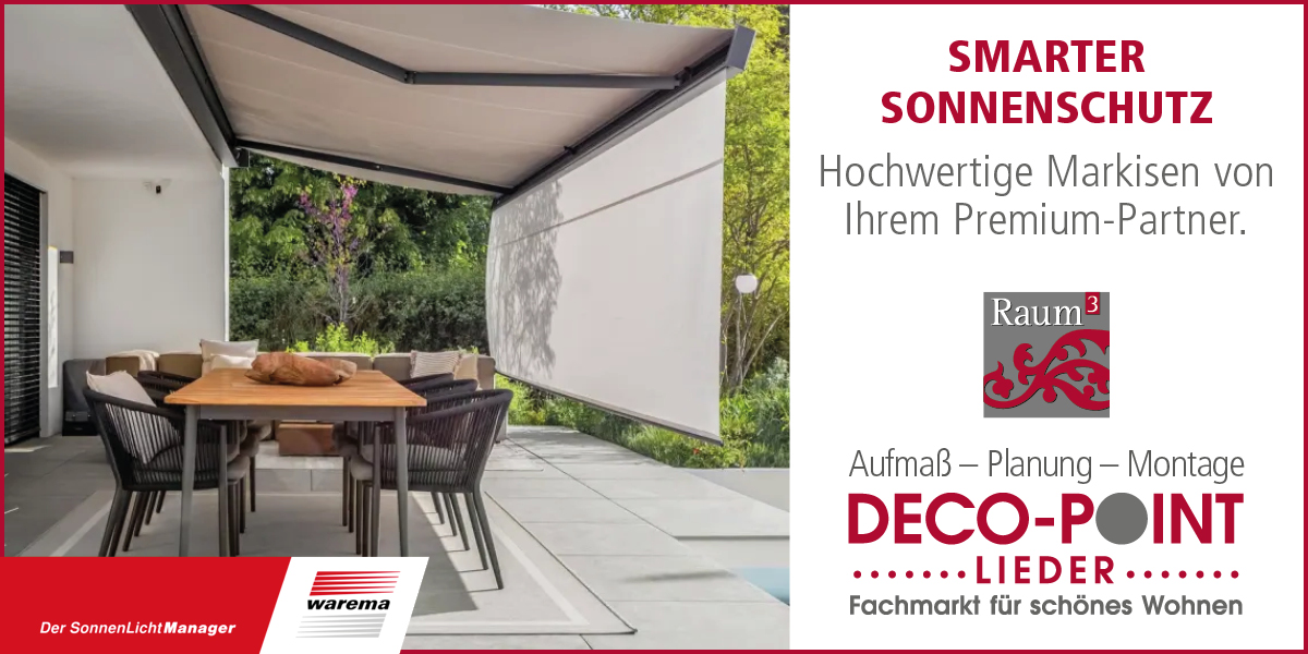 Smarter Sonnenschutz. Eine beige Markise an einer Hausfasade.